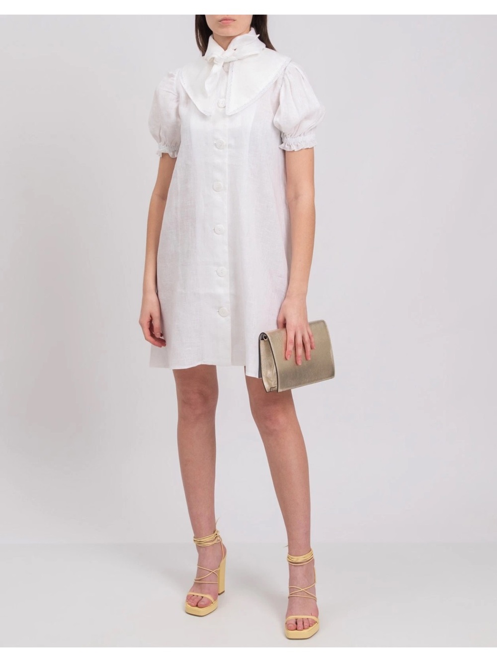 Sleeper NWT White Linen Trapeze Dress Crochet Collar Size L Button Front Mini